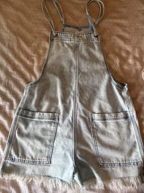 Light Acid Wash Denim Short Overalls with Frayed Hem from Aerie
